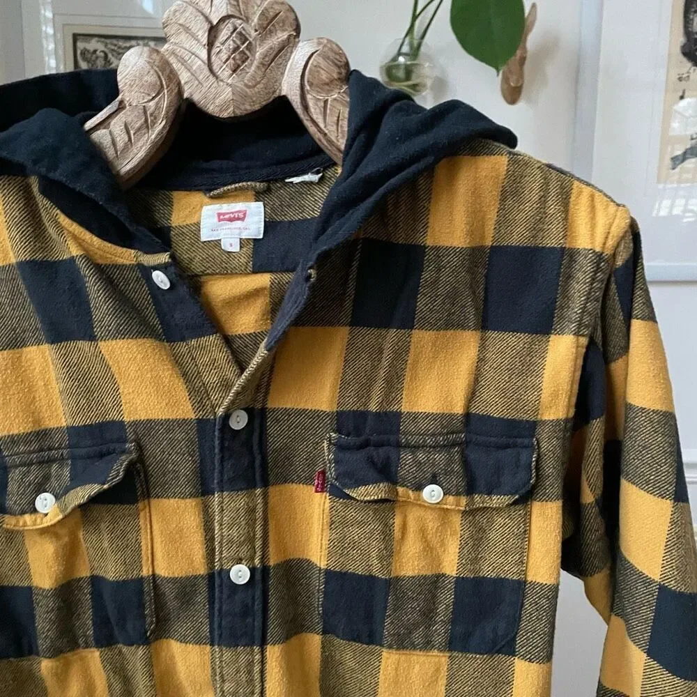 Levi’s Mustard Yellow Buffalo Plaid Button Up Hoodie Shirt S